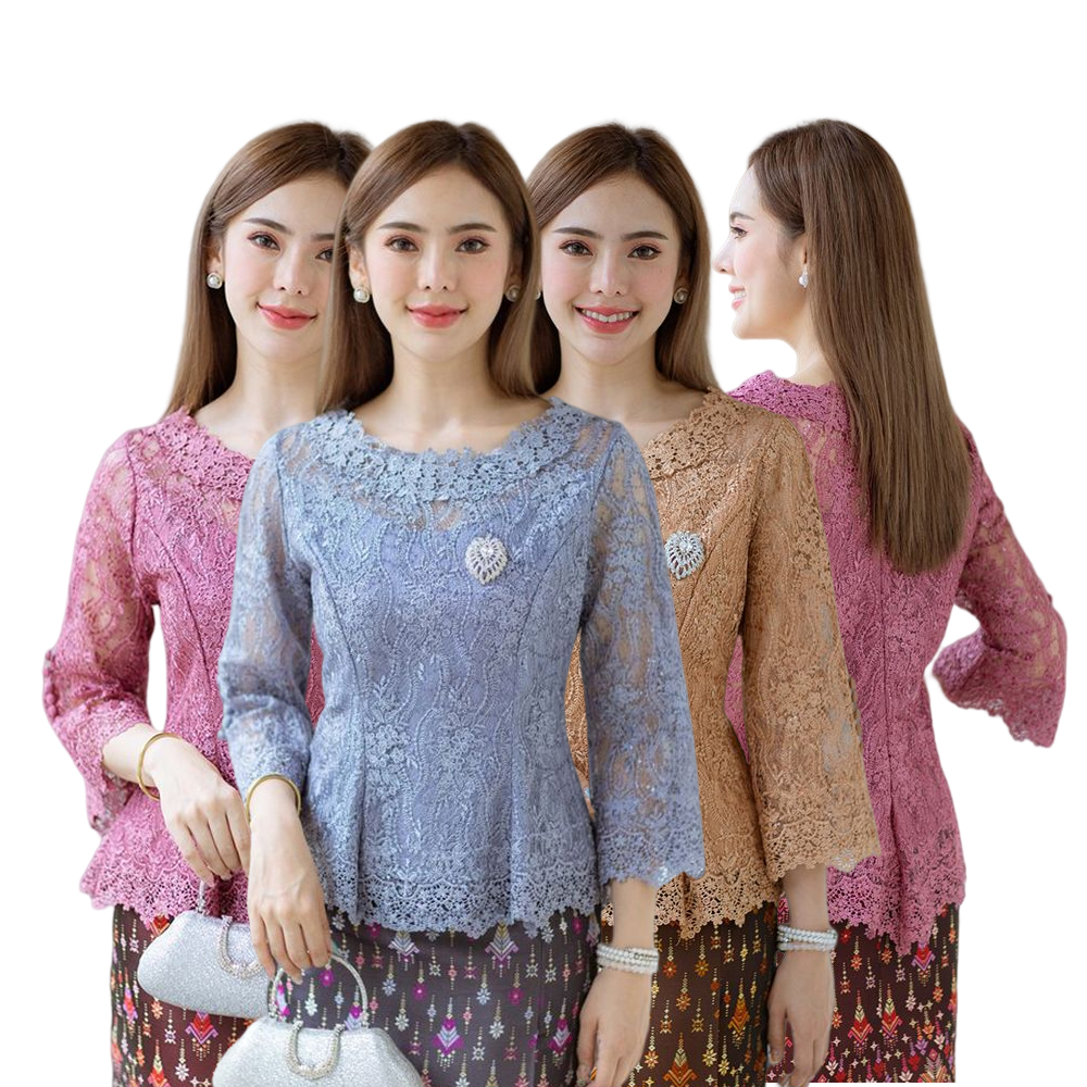 kudapy เสื้อลูกไม้ฝรั่งเศษสีน้ำตาลทอง,สีชมพูม่วง,สีฟ้าเทา ดีเทลคอกลม ด้านหลังยาว แขนกระดิ่งยาวสามส่วน