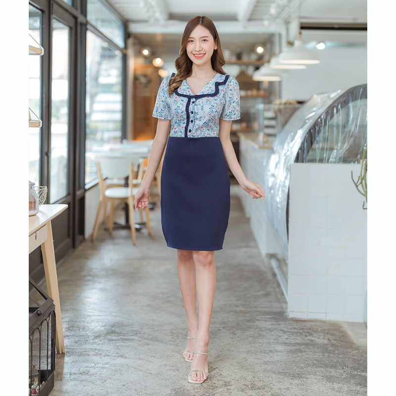 kudapy เดรสสั้นสีเขียว/สีชมพู/สีกรม คอบัวลายดอก ใส่สบายสวยดูดี