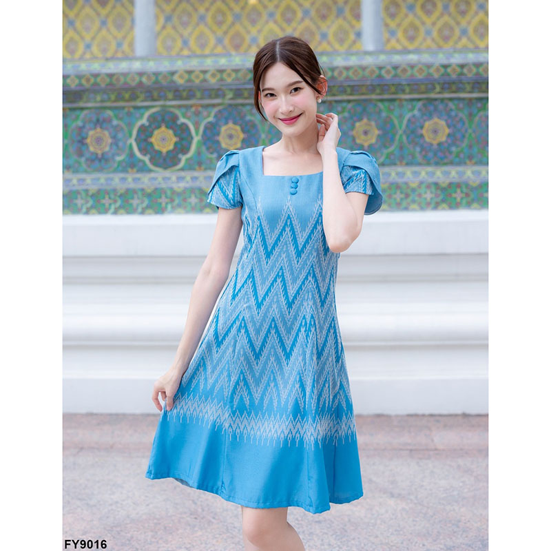 kudapy เดรสสั้นสีฟ้า/สีเหลือง ผ้าทอแขนกลีบบัว ผ้าลายไหย ใส่ทำงานสวยดูดี