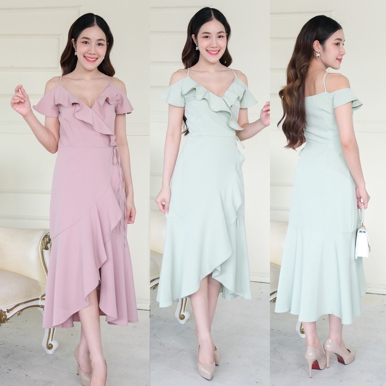 kudapy เดรสยาวสีชมพูตุ่น/สีเขียวมิ้ท์/สีน้ำเงิน/สีชาไทย/สีครีมเบล/สีชมพูเข้ม ผ้าเครปหนา สายเดี่ยวแต่งระบายช่วงแขน กระโปรงหางปลา