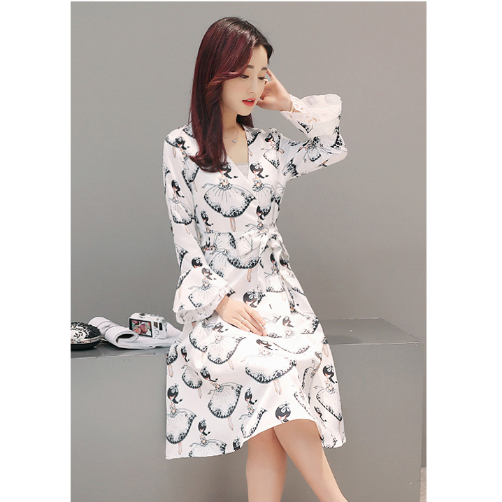 kudapy เดรสสีขาว ผ้าซาติน พิมพ์ลายรูปผู้หญิง ผูกโบว์ที่เอว M L XL