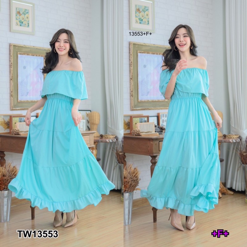 kudapy Maxi Dress เดรสยาวสีขาว ม่วงอ่อน ม่วงเข้ม ส้ม เขียวทะเล เขียวมิ้นท์ เหลือง เปิดไหล่ แขนระบาย ชายเดรสแต่งระบายรอบ มีซับในกระโปรง