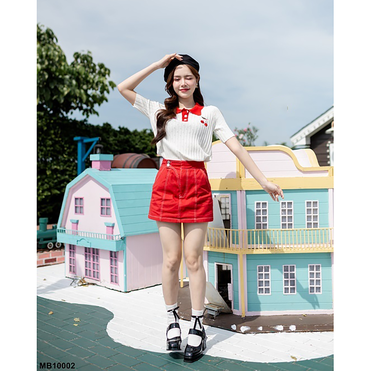 kudapy ชุดเซ็ทเสื้อเชอรี่ กระโปรงแดงสั้นใส่สบายสวยดูน่ารัก