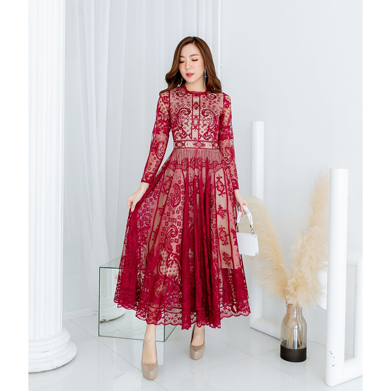 kudapy เดรสยาวสีชมพู/สีขาว/สีกรม/สีแดง แขนยาวผ้าลูกไม้สวยดูดีใส่สบายน่ารักมากๆ