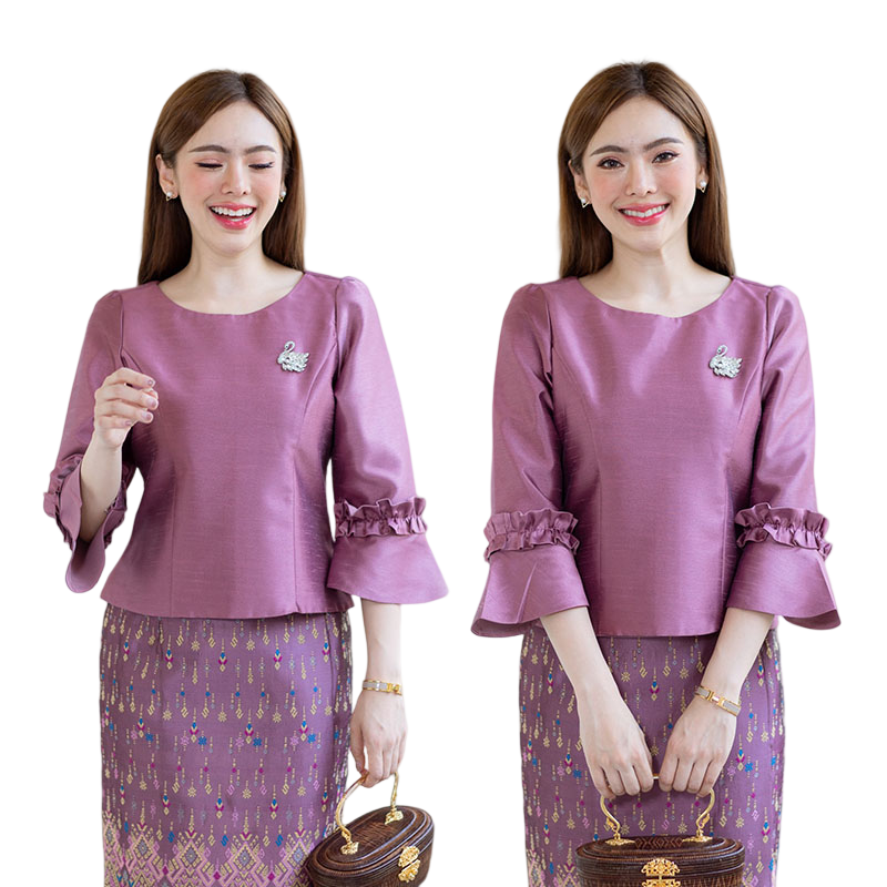 kudapy kudapy เสื้อสีม่วง/สีชมพูกะปิ/สีเทา /สีดำ/สีชมพู เนื้อผ้าทอสวย เนื้อเบา ใส่สบายผิว มีลายเส้นในตัว ใส่คู่กับ ผ้าไทยลายแพรวา หรือ ผ้าลายกวินตาทอสอดดิ้นหรูหรา อัดกาว อยู่ทรง ใส่สวยตามแบบ