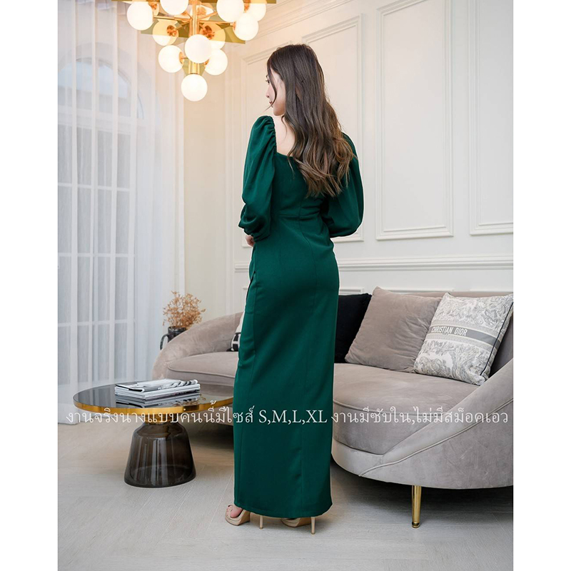 kudapy เดรสราตรีแขนยาวปาดคอวีสีแดง/สีเขียว/สีชมพู ผ่าสูงข้าง งานสวยคุ้มราคา ซิปหลังมีซับใน เริ่ดมากก