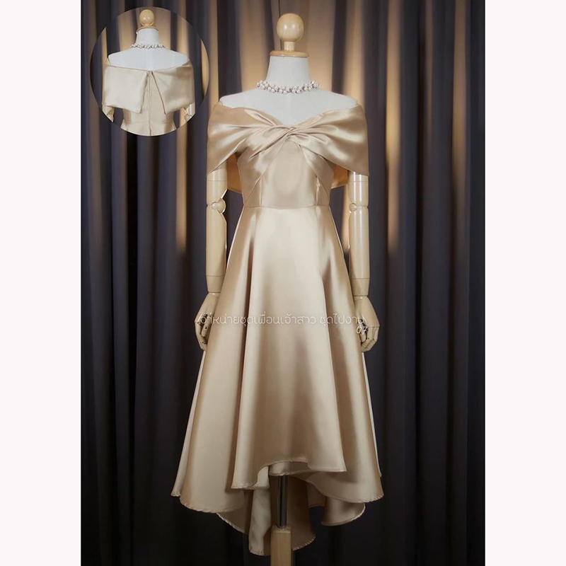 kudapy เดรสหน้าสั้นหลังยาวสีเขียว ทอง เทา ชม กรม แดง โรสโกล ขาว เปิดบ่าTwistอกใหญ่ ปิดพรางซ้อนแขน แบบอลังๆ แต่ไม่เวอร์วัง กระโปรงทรงหน้าสั้นหลังยาว