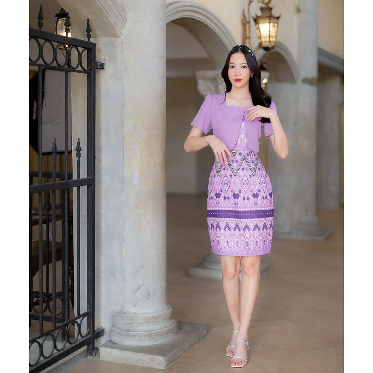 kudapy เดรสสั้นสีชมพู/สีม่วง ผ้าทอกั๊กพื้นกระโปรงลายไทย