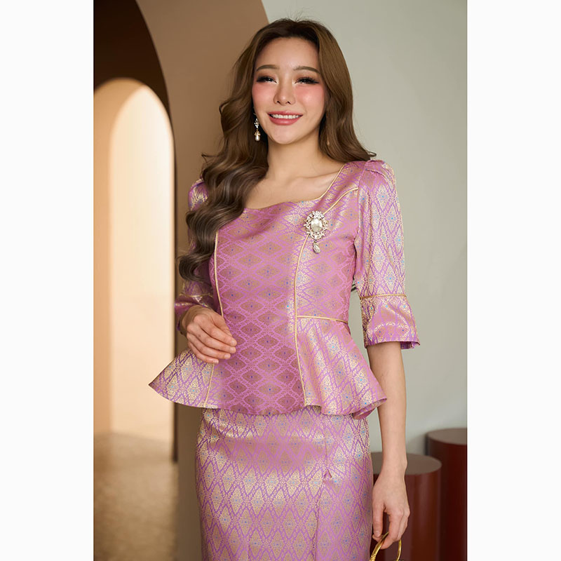 kudapy เซ็ท ผ้าไหมทอลายแพรวากาฬสินธุ์สีม่วง ชุดออกงานลายไทย