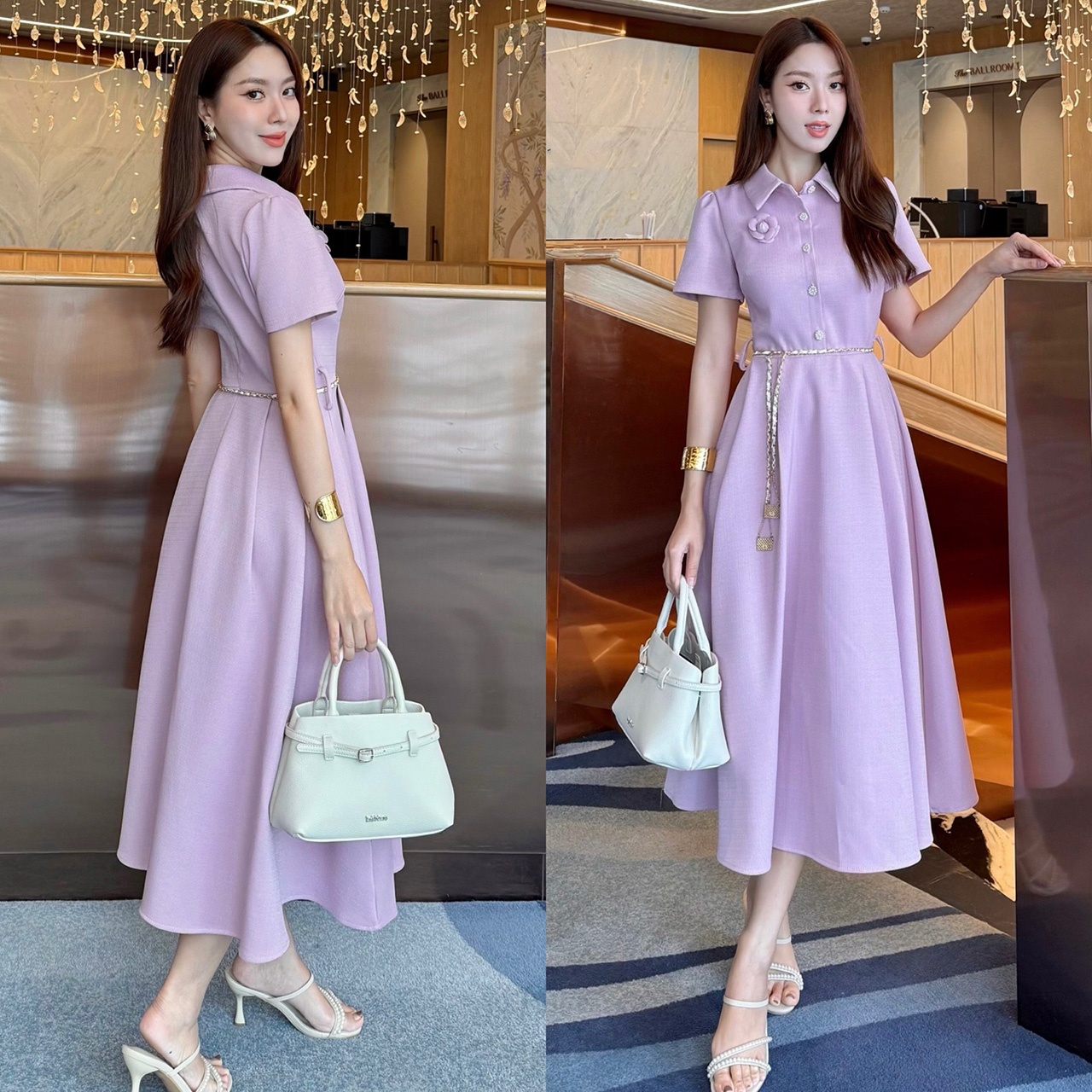 kudapy เดรสยาวสีครีม/สีฟ้า/ม่วงอ่อน/เหลืองอ่อน ผ้าทวิตญี่ปุ่นตกแต่งด้วยกระดุมดอกคามิเลีย ีซับในทั้งชุด ผ้าอัดกาวอย่างดี มาพร้อมกับเข็มขัดโซ่ และเข็มกลัดดอกไม้