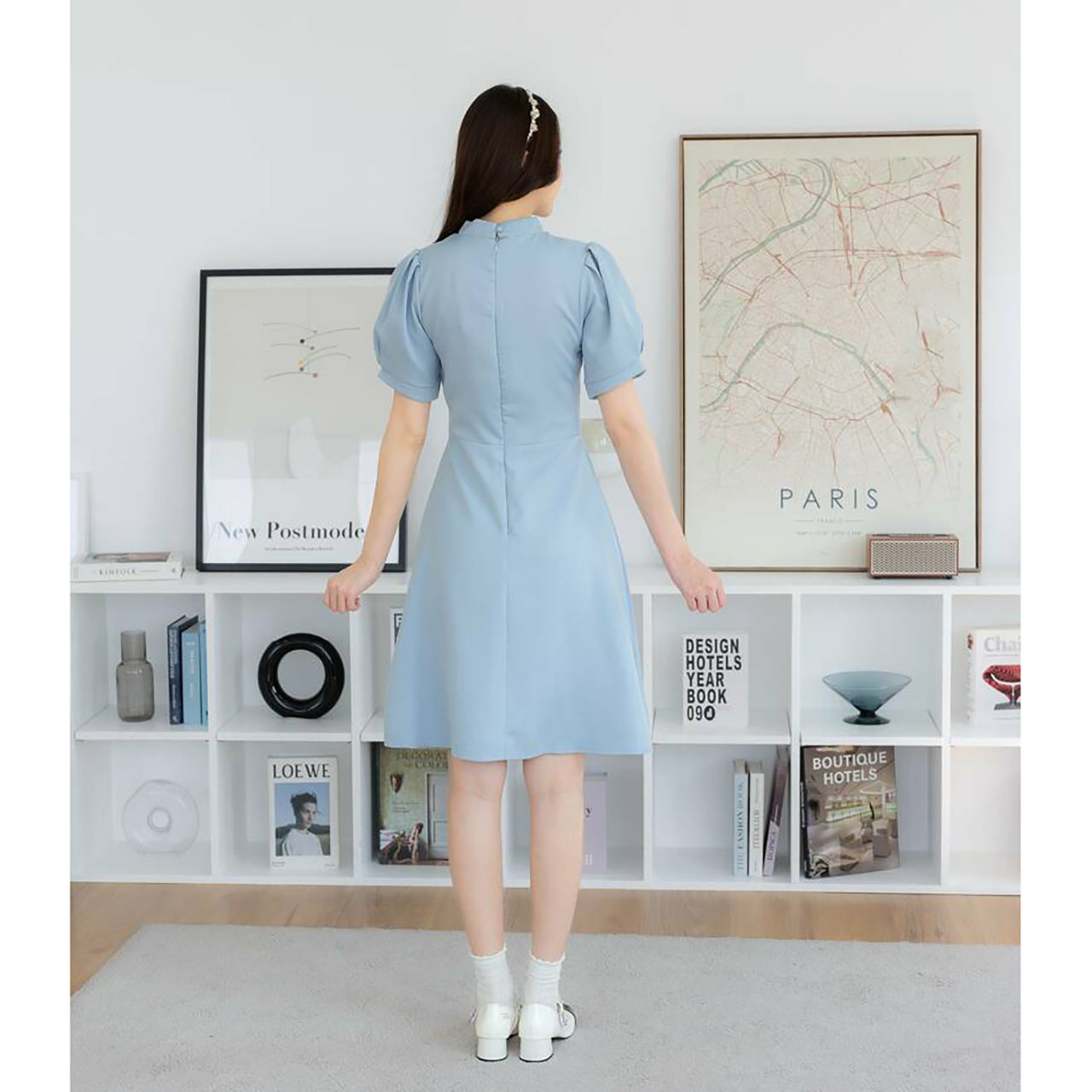 kudapy เดรสสั้นสีฟ้า/สีม่วง/สีชมพู กระโปรงบานผ้าพื้นผูกคอ