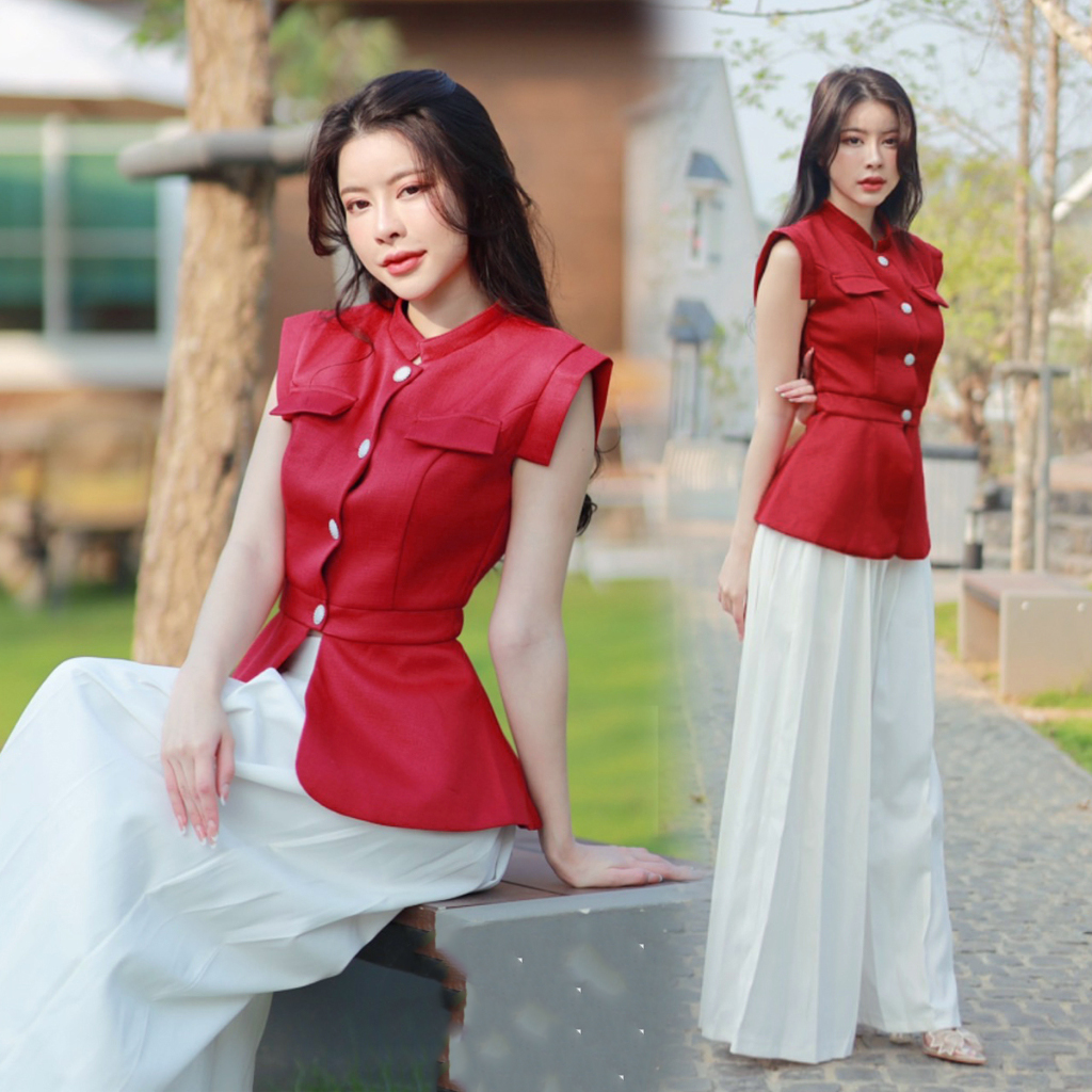 kudapy เซท 2ชิ้น เสื้อสีแดงแขนกุด ผ้าทวิต+กางเกงสีขาวขายาวทรงบาน
