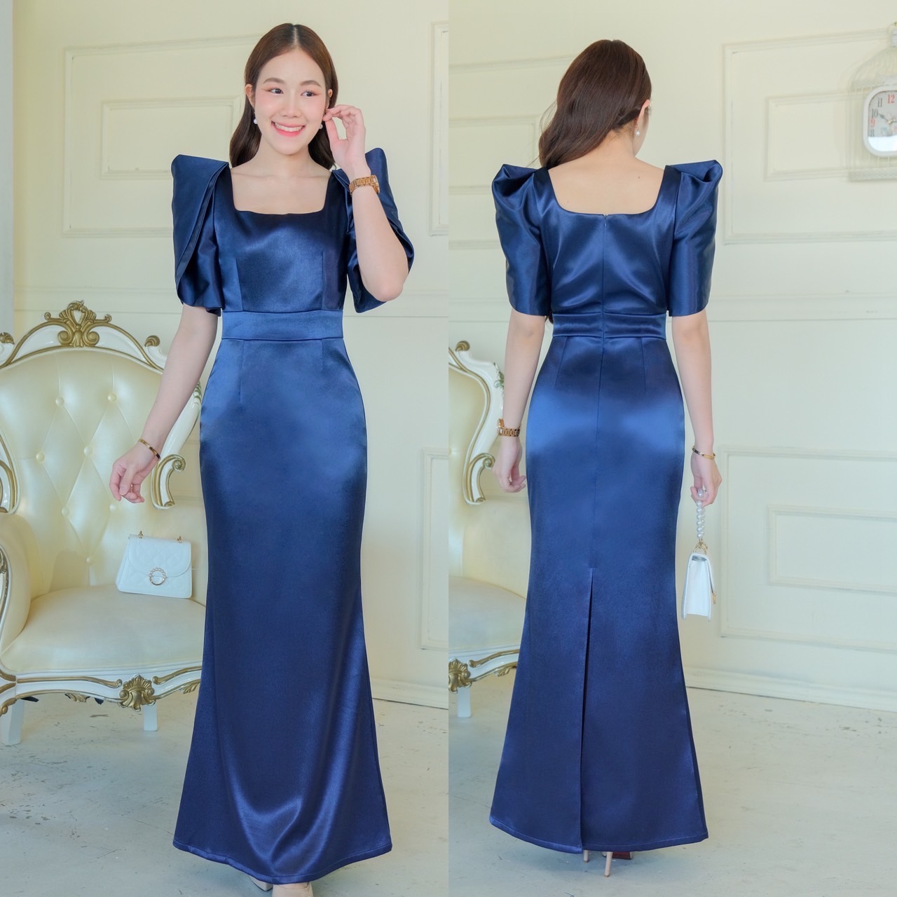 kudapy kudapy เดรสราตรียาว แขนสั้น ดีเทลแขนกลีบดอกไม้สองชั้น คอเหลี่ยม กระโปรงหางปลา ซิปหลังใส่ง่าย