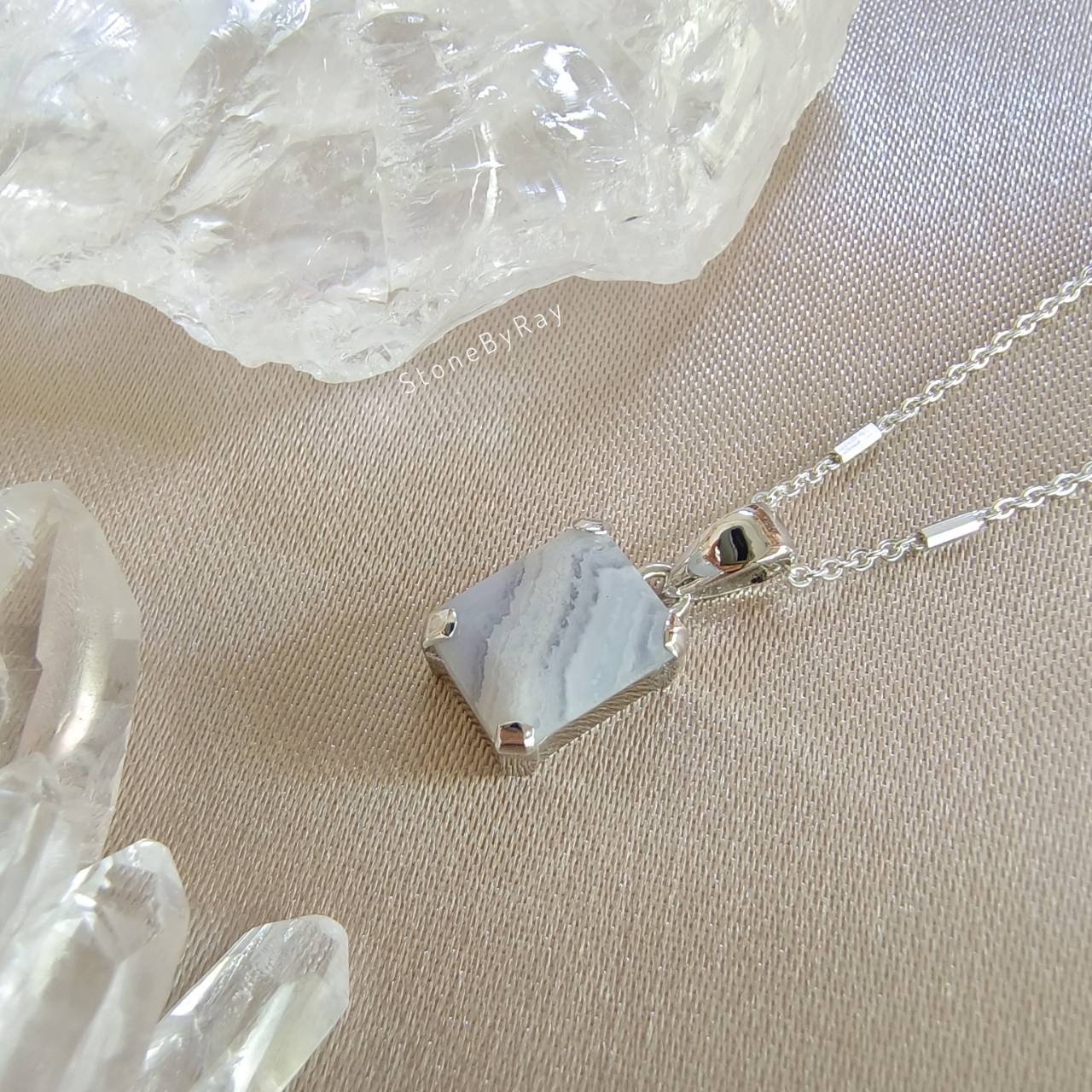 สร้อยคอเงินจี้หินบลูเลซอาเกต Blue Lace Agate
