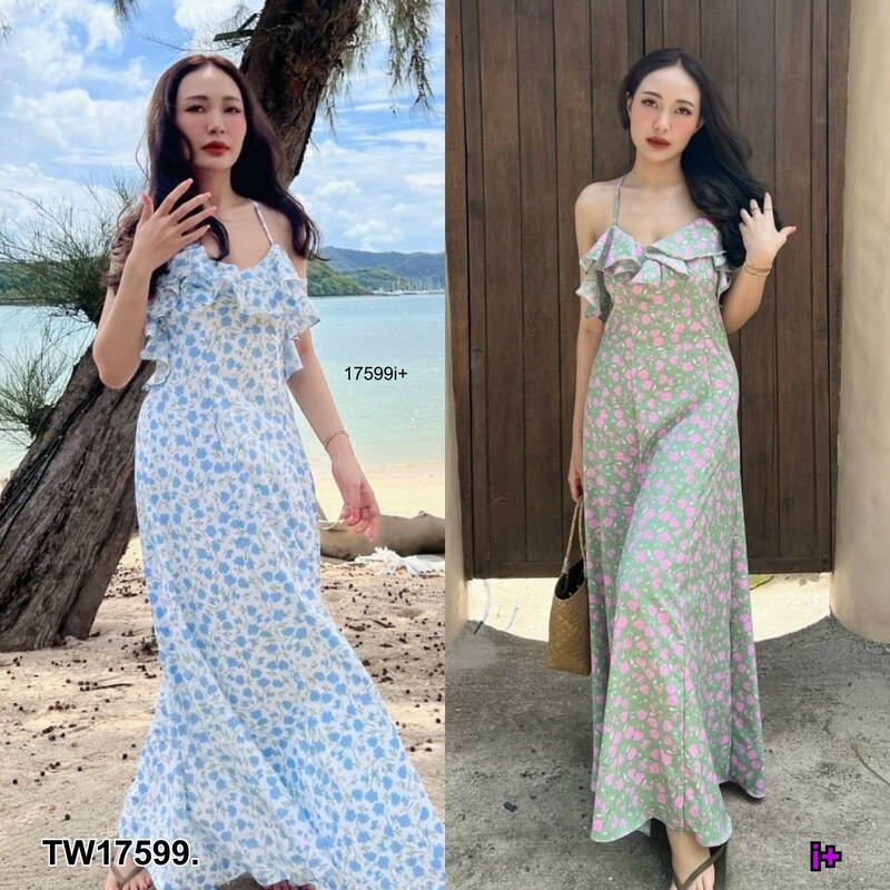kudapy แม็กซี่เดรสไปทะเล เดรสสายเดี่ยวสานหลัง อกระบาย ลายดอกไม้ สีเขียว สีขาว
