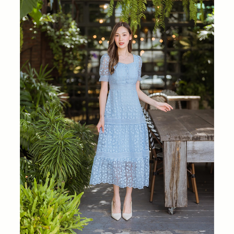 kudapy เดรสยาว สีฟ้า สีครีม สีชมพู เเดรสยาวคลุมเข่าลูกไม้ออกงานแขนตุ๊กตา สวยดูดีน่ารักมากๆ