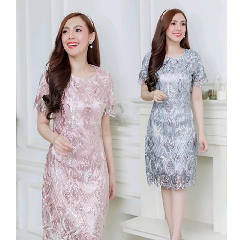 kudapy เดรสสั้นสีชมพู/สีเทาเงิน เนื้อผ้าปัก+Glitter เกรด "Premium Quality" ลายใหม่ล่าสุด หรูหราปักเลื่อมมาลงตัว ช่วงแขนมีซับในซาตินเนื้อคุณภาพ