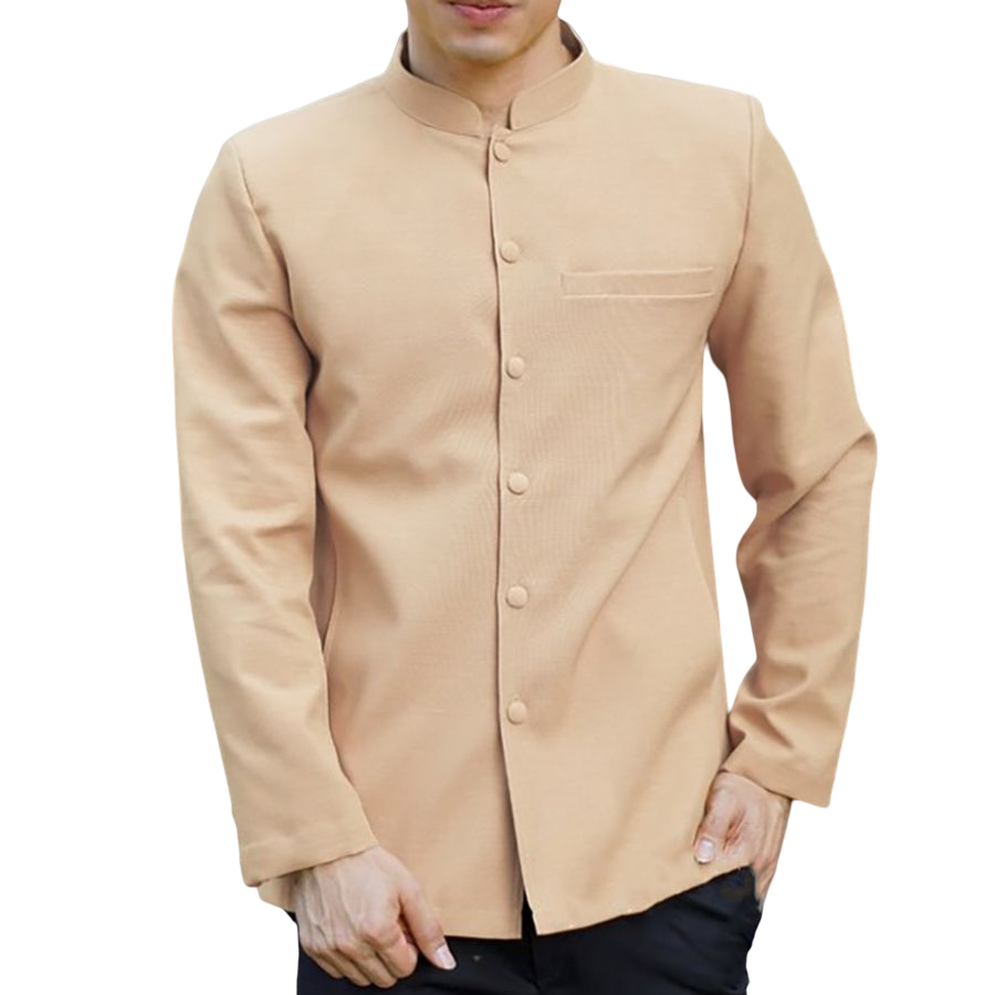 kudapy เสื้อผ้าไหมคอพระราชทานแขนยาว สีโอรสอ่อน,สีเทา,สีดำ,สีน้ำตาลทอง เสื้อผ้าไทยผู้ชาย คอพระราชทาน ผ่าหน้า