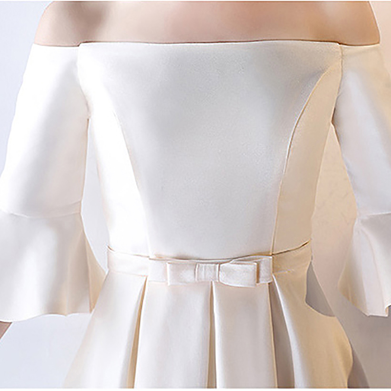 kudapy ชุดราตรีสั้นเปิดไหล่สีเบจ ผ้าซาตินเนื้อหนา แขนสามส่วน ทรงสวยมาก