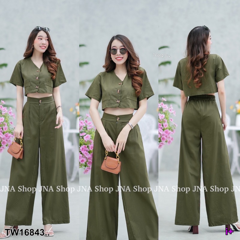 kudapy Set 2ชิ้น ใส่หน้าร้อน ใส่ไปทะเล เสื้อครอปคอวี แต่งกระดุม +กางเกงขายาวกระดุม