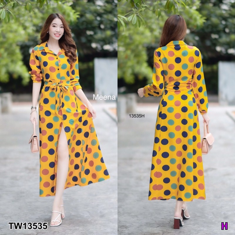 kudapy เดรสยาวสีขาว/สีส้มอิฐ/สีเหลือง ปกเชิ้ต ติดกระดุมด้านหน้า แขนยาว มีโบว์ผูกเอว เนื้อผ้าไหมญี่ปุ่นพิมพ์ลายจุดใหญ่