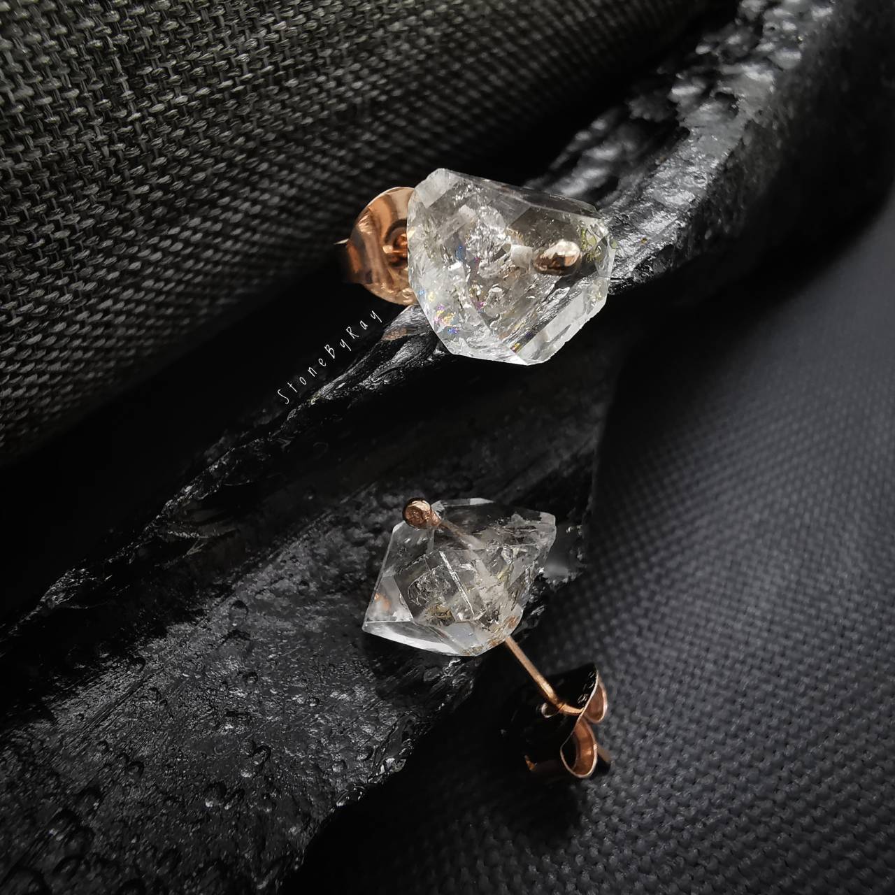 ต่างหูเงินชุบพิ้งโกลด์หินเฮอร์คิเมอร์ไดม่อน Herkimer Diamond