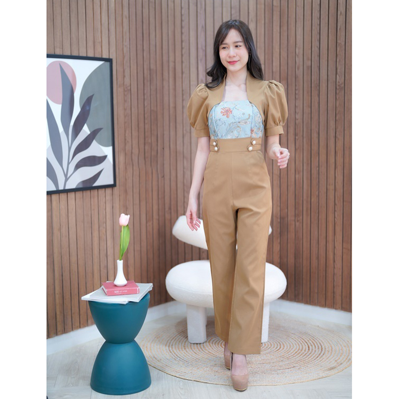 kudapy จั๊มสูทขายาวสีชมพู/สีน้ำตาล อกผ้าทอสวยดูดีใส่ออกงานน่ารักมากๆ