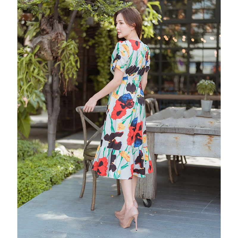 kudapy เดรสั้นสั้นพิมพ์ลายดอกสีกรม,สีแดง แต่งหางปลาลายมะนาวใส่สบายสวยดูดี