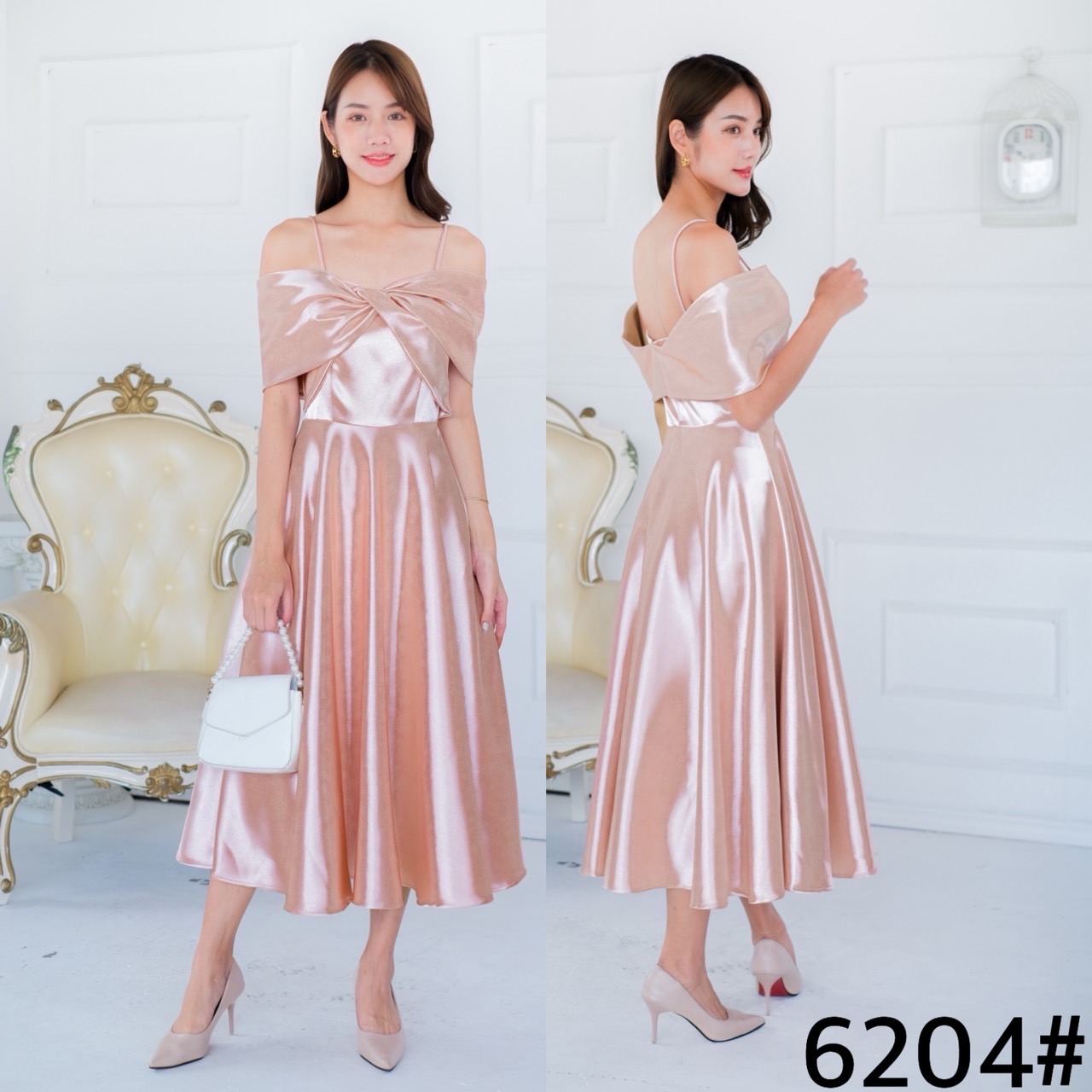 kudapy เดรสสั้นเปิดบ่า เนื้อผ้าดัชเชสอัดกาว ผ้าเงาสวย อยู่ทรง ทวิชช่วงอก มีสายคาดบ่าให้ คัตติ้งเริศแบบอลัง กระโปรงทรงบาน ความยาวครึ่งเข้ง