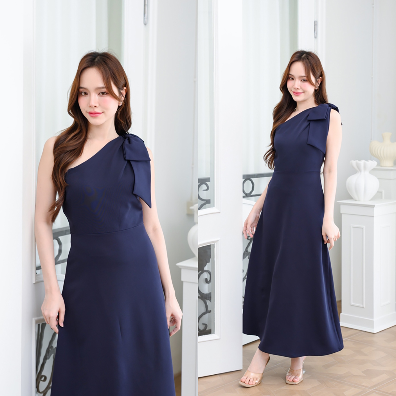 kudapy เดรสยาวสไตล์เรียบหรู ดีไซน์คอเฉีบงปาดไหล่ แต่งด้วยโบว์เพิ่มความน่ารักละมุน ทรงส่วยเข้ารูปพอดีตัว กระโปรงทรงเอยาว