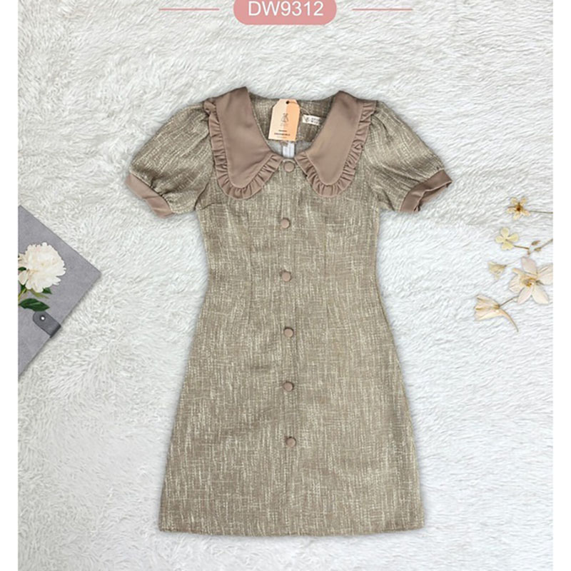 kudapy เดรสสั้นสีน้ำตาล/สีฟ้า/สีม่วง คอบัวผ้าทวิตแต่งกระดุม ใส่สบายสวยดูดี