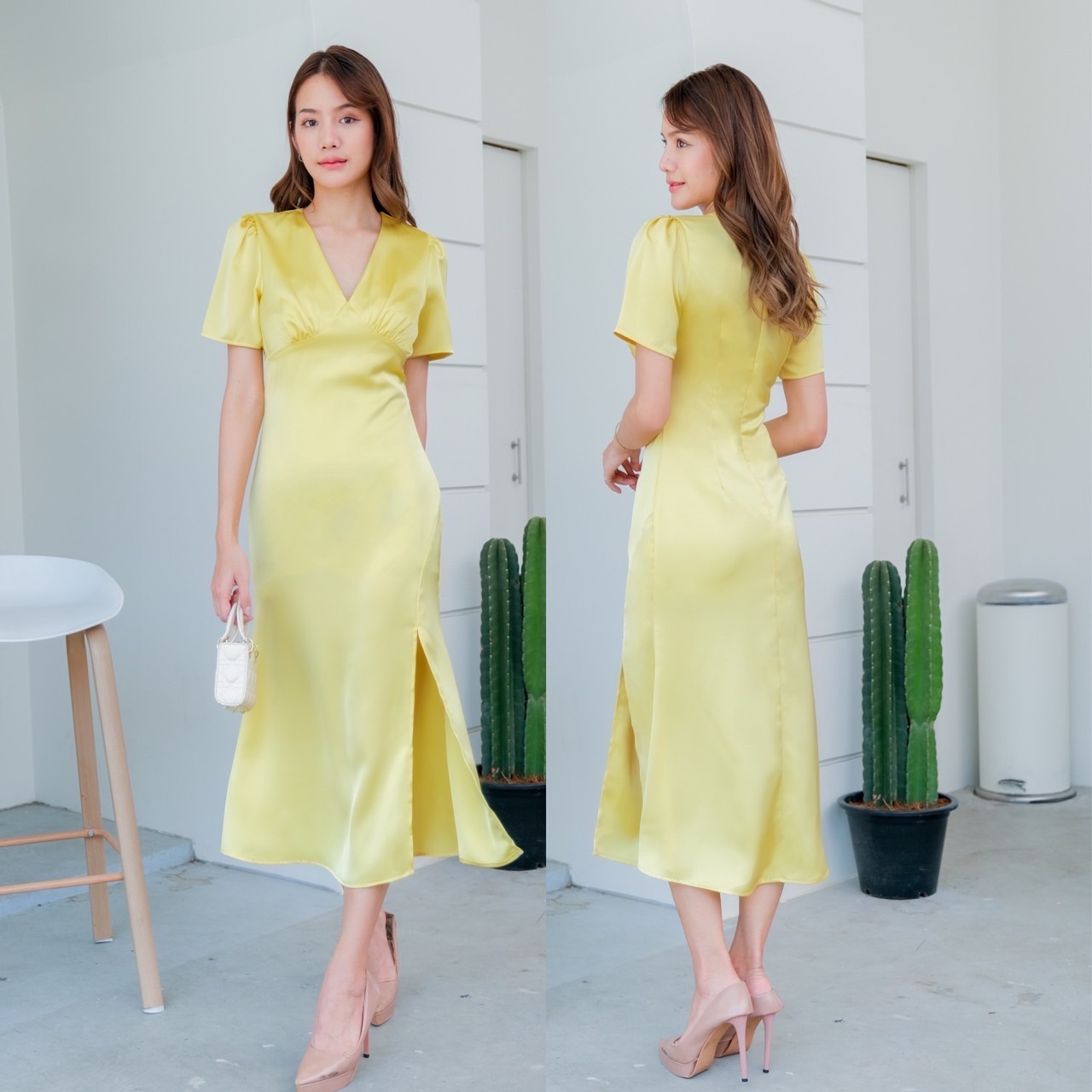 kudapy เดรสยาวสีชมพู ครีมแชมเปญ นำ้ตาล กรมท่า เหลืองมะนาว แขนสั้น เครปซาติน คอวี จีบใต้อก ตีเกร็ดเอว กระโปรงทรงทรงเอ