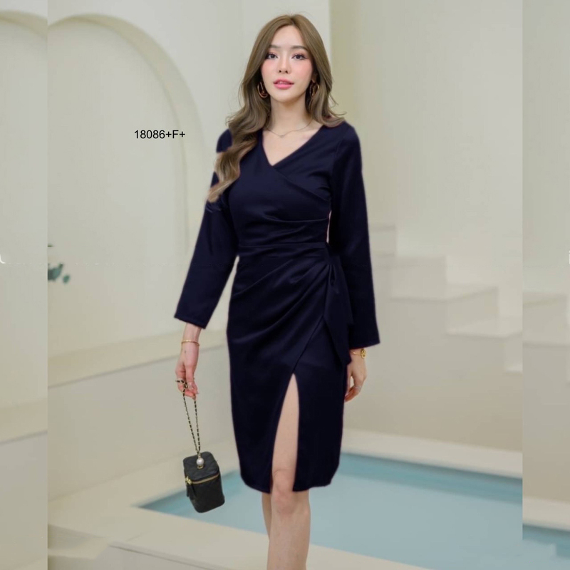 kudapy เดรสแขนยาวสีพื้น แต่งจีบ ผ่าหน้า ชุดออกงาน ชุดเพื่อนเจ้าสาว เดรสงานแต่ง ใส่ไปเที่ยวสวยดูดี