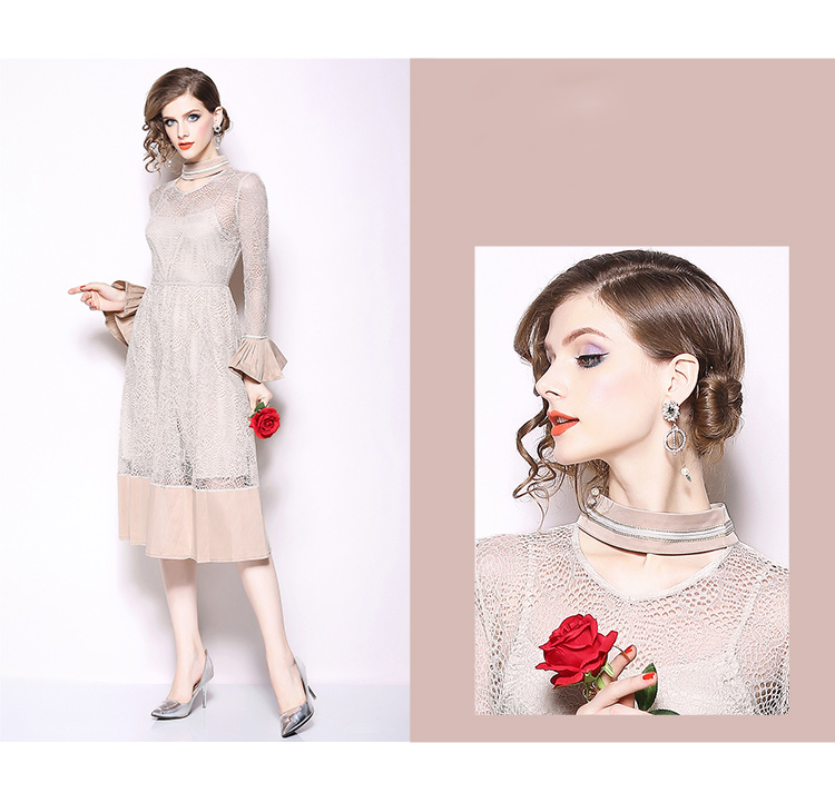 kudapy ชุดเดรสผ้าลูกไม้ลายตาข่ายสีครีม ดีไซน์เก๋ที่คอเสื้อ และปลายแขนเสื้ออัดพลีต