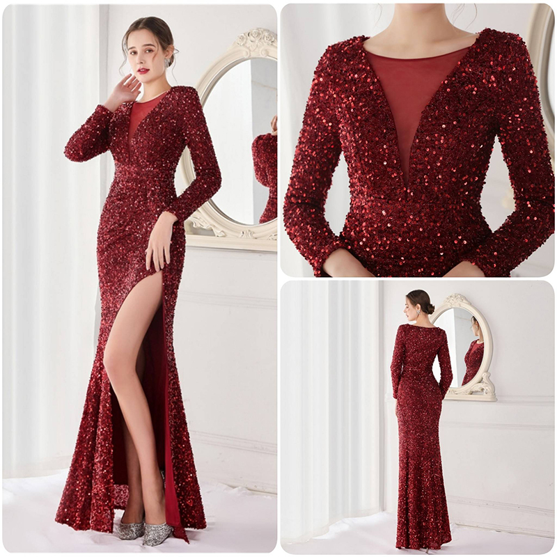 kudapy ชุดราตรียาวคอกลมแต่งวีโชว์เซ็กซี่ สีแดงเบอร์กันดี้,สีเขียว,สีชมพูโรสโกลด์,สีดำ,สีเทาเงิน ผ้ากริสเตอร์ทอแสง