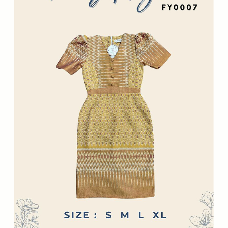 kudapy เดรสสั้นสีกรม/สีชมพู/สีเหลือง ผ้าทอไทยประยุกต์ งดงามแบบฉบับหญิงไทยสมัยใหม่ ดูน่ามอง คอวี ทรงสวย เรียบร้อย สีละมุน
