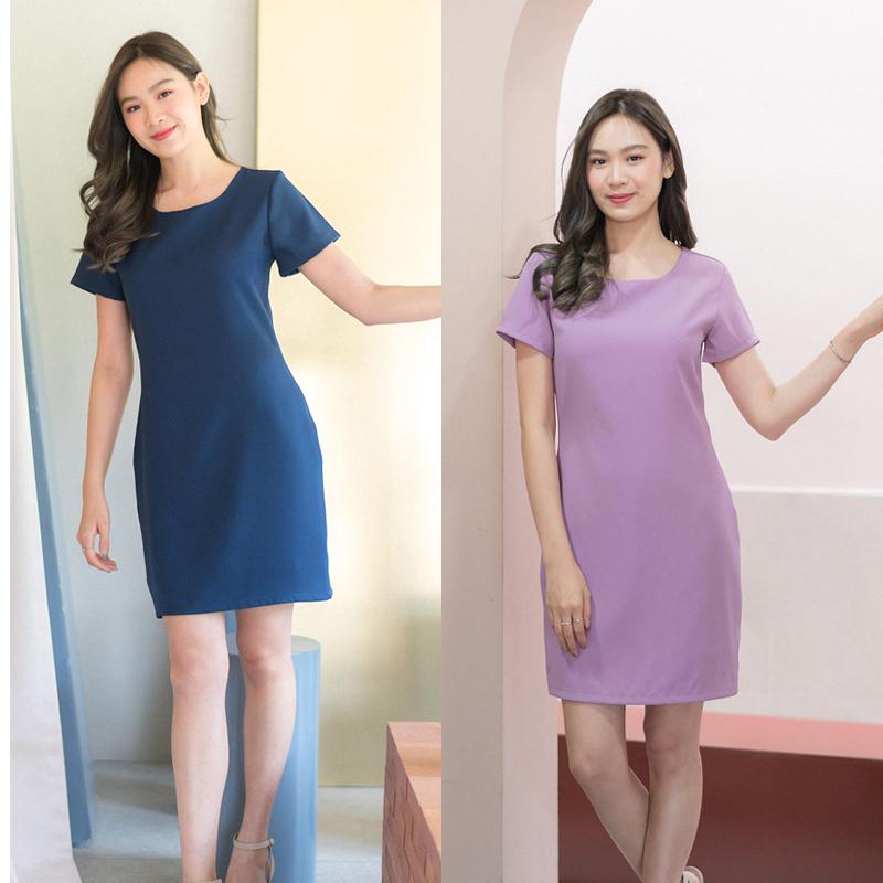 kudapy ชุดเดรสคอกลมแขนสั้นสีม่วง/สีกรมท่า ทรงเรียบ คลาสสิก ไม่มีเกล็ด รีดง่ายใส่สบาย ซับในทั้งตัว