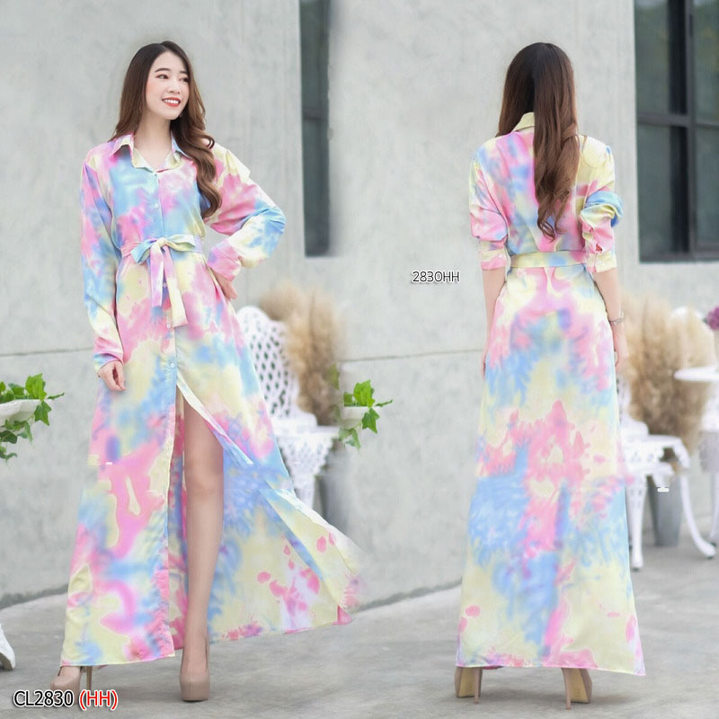 kudapy เดรสยาวสีม่วง/สีเหลือง/สีฟ้า/สีชมพู ผ้า 100D ลายมัดย้อมสีพาสเทล ผ้านิ่มทิ้งตัวใส่สบายสวยมาก