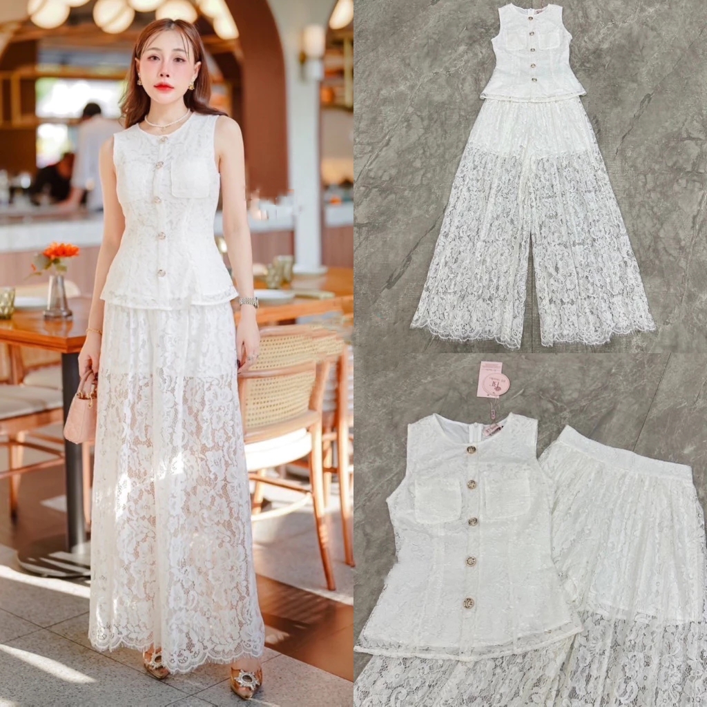 kudapy เซตเสื้อลูกไม้คอกลมแขนกุดสีขาว+กางเกงขายาวทรงกระบอกผ้าลูกไม้