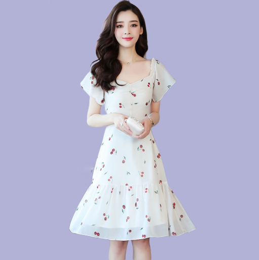 ชุดเดรสผ้าชีฟองสีครีม พิมพ์ลาย cherry สีแดง มีซับใน ซิบหลัง สวยน่ารักมากค่ะ XL