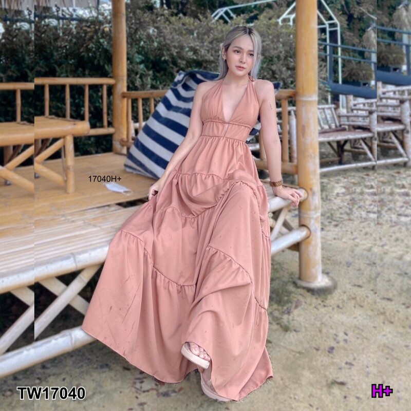kudapy แม็กซี่เดรสสีบานเย็น น้ำตาล สายเดี่ยวผูกคอยาว เนื้อผ้าไหมอิตาลี่ มีเชือกผูกหลัง อกเสริมฟองน้ำ ใส่ไปเที่ยว