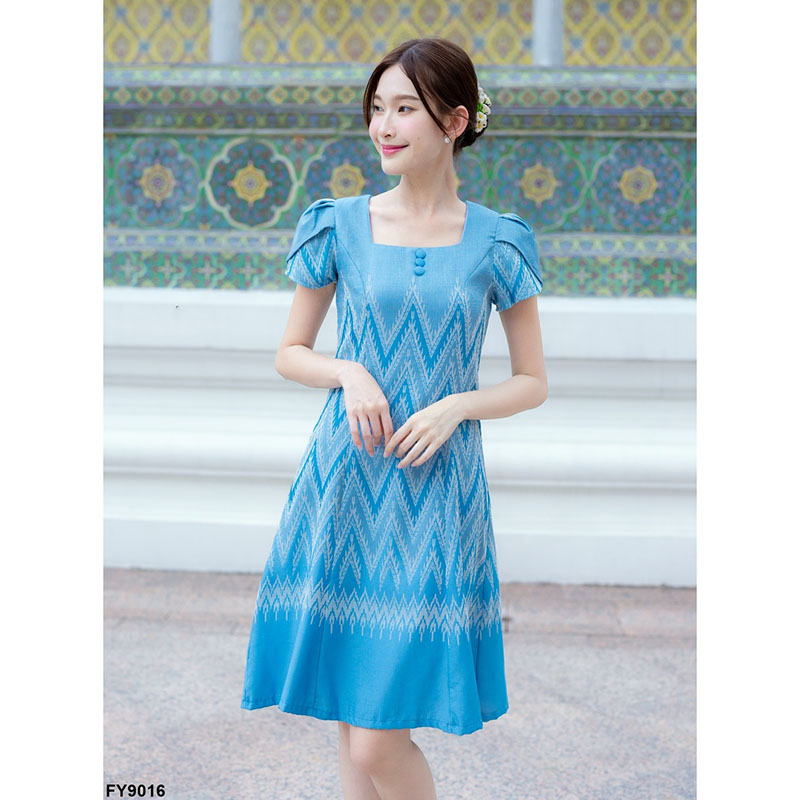 kudapy เดรสสั้นสีฟ้า/สีเหลือง ผ้าทอแขนกลีบบัว ผ้าลายไหย ใส่ทำงานสวยดูดี
