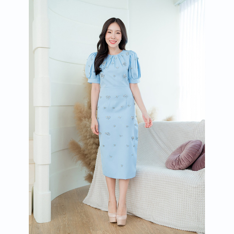 kudapy เดรสยาวสีขาว/สีฟ้า/สีชมพู แขนตุ๊กตาประดับเพชร