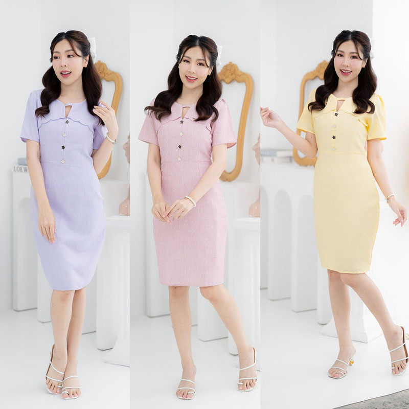 kudapy เดรสสั้นสีชมพู/สีเหลือง/สีม่วง ทำงานสีมินิมอล ใส่สบาย งานซิปหลัง สามารถใส่ได้ใน Everyday Look น้า