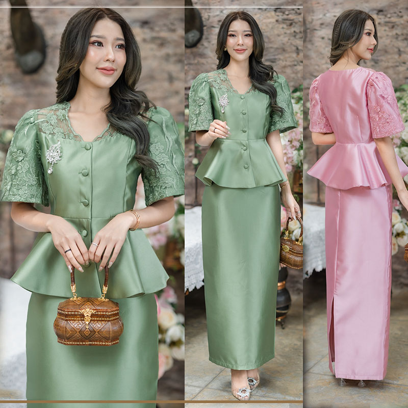 kudapy ชุดเซ็ทเสื้อ+กระโปรงทรงสอบผ่าหลังวีเขียว/สีชมพู อัดกาวทั้งเสื้อและกระโปรง ตัวเสื้อแต่งกระดุมหน้าใช้ได้จริง แขนเป็นทรงเจ้าหญิงอลังการ
