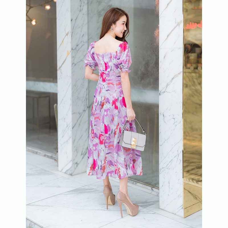 kudapy เดรสสั้นสีเขียว/สีม่วง คอเหลี่ยมแขนตุ๊กตาสวยดูดีใส่สบาย