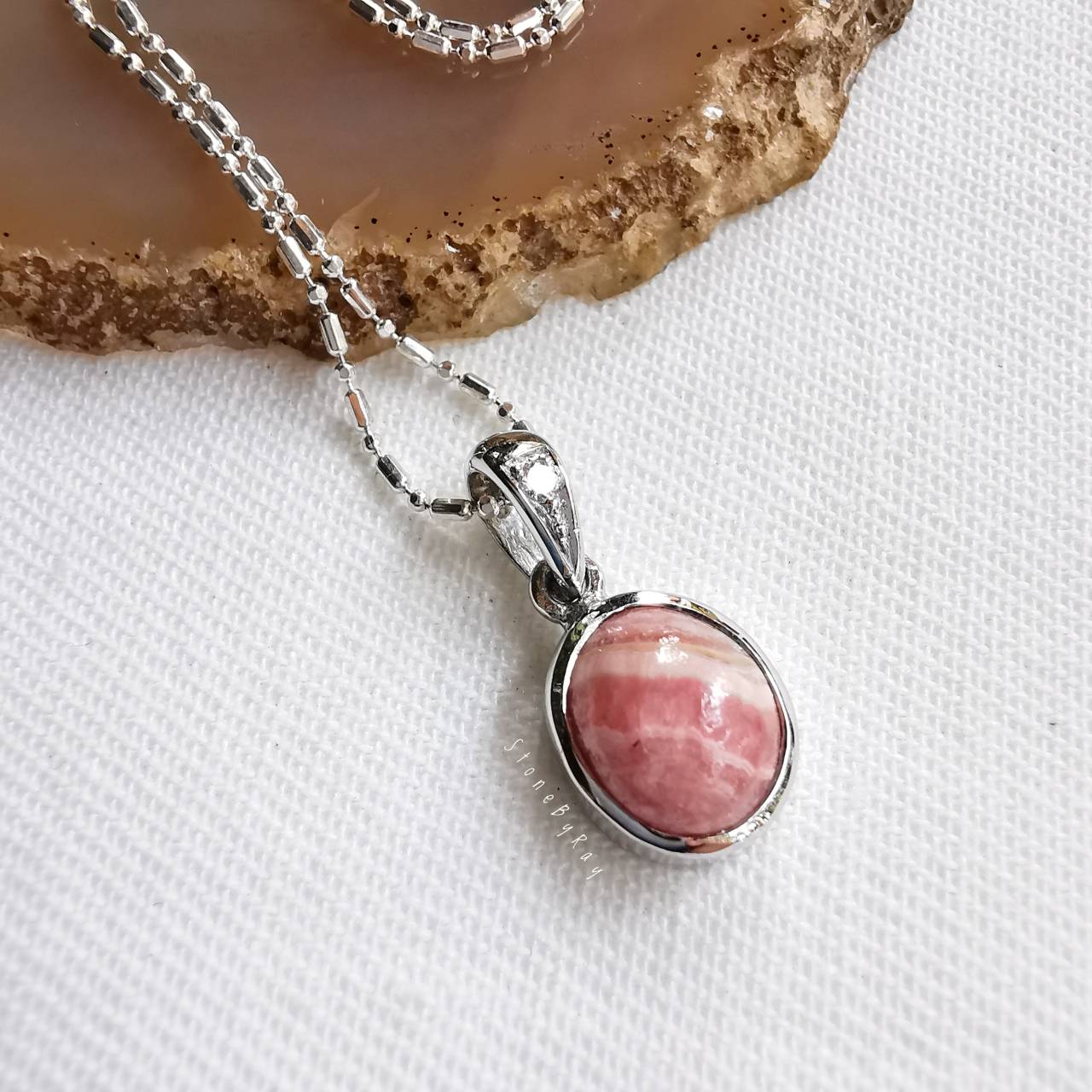 สร้อยคอเงินจี้หินโรโดโครไซต์Rhodochrosite