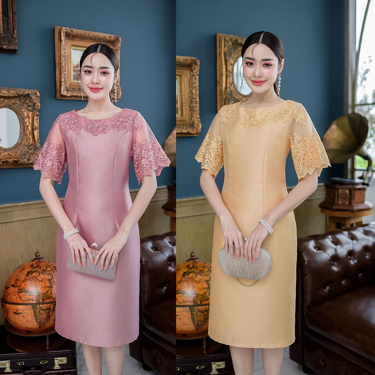 kudapy เดรสสั้นสีเหลืองทอง/สีชมพุกกะปิ ผ้าไหมดีไซน์แขนสั้น ช่วงแขนเป็นงานลูกไม้ปักลายเชิงโชว์ลายปัก