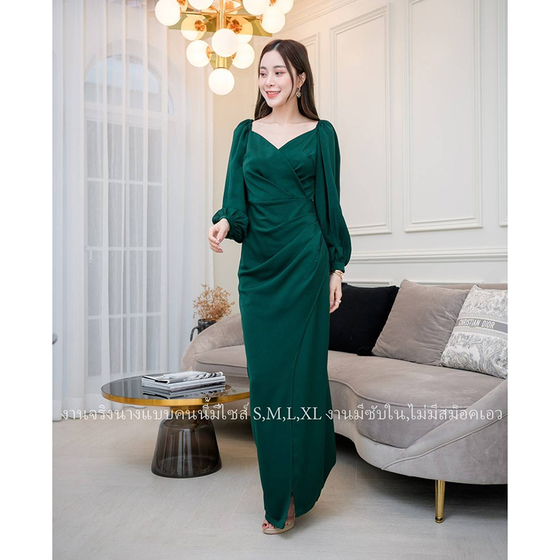 kudapy เดรสราตรีแขนยาวปาดคอวีสีแดง/สีเขียว/สีชมพู ผ่าสูงข้าง งานสวยคุ้มราคา ซิปหลังมีซับใน เริ่ดมากก