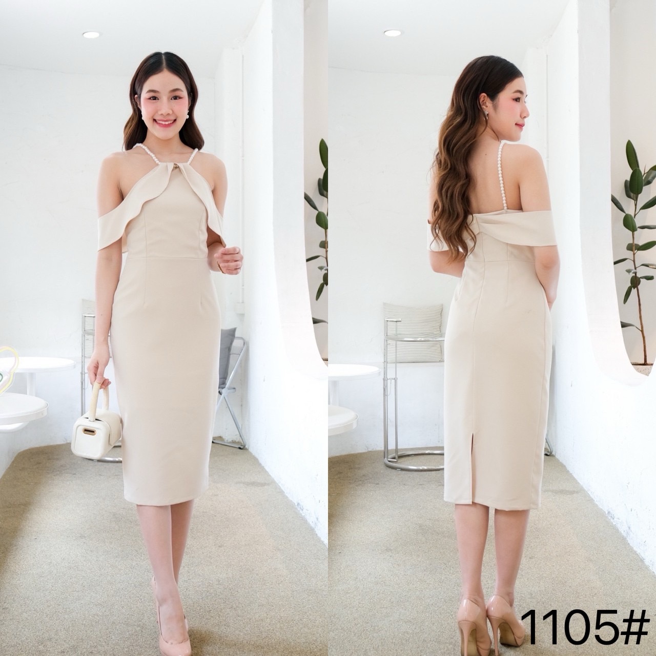 kudapy เดรสสั้น ทรงสอบ เว้าบ่า แต่งสายมุก กระโปรงสอบทรงดินสอ เก็บทรง ผ่าหลัง